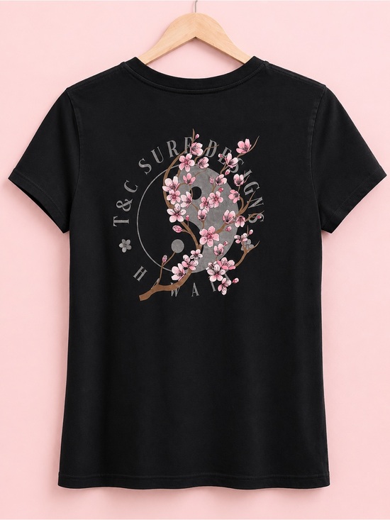 T&C surf Tops - T&C Surf Black Short-Sleeve Tee with cherry blossom Yin Yang Graphic